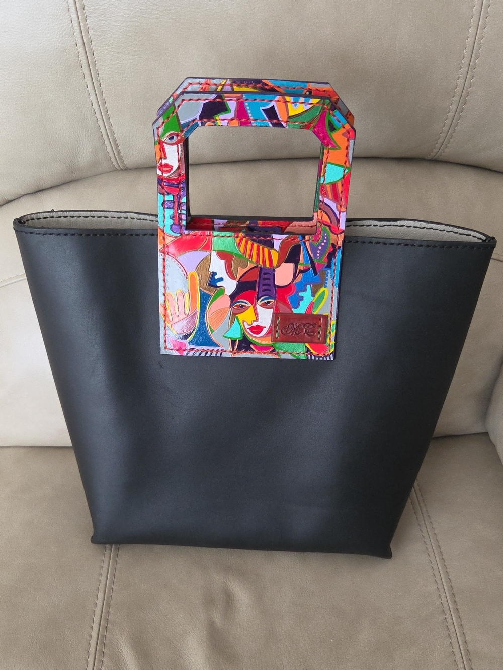 Real Leather Black Tote with Vibrant Multicolor Art-Print Handle